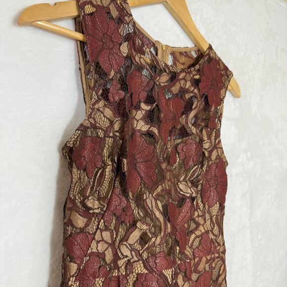 Calvin Klein 2 Lace Brown Dress Floral A-Line Sheath Fringe Formal Wedding Party - Picture 4 of 13